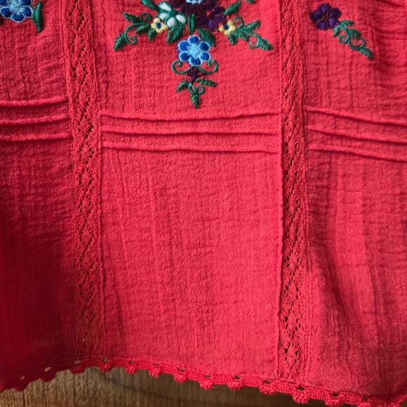 Free People Women Embroidered Ruffle Boho Top S Red Peasant Boho Prairie Western - Picture 4 of 9